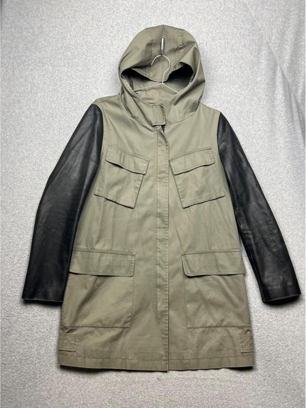 DKNY Army Utility Military Coat Lamb Skin Leather Sleeves S Cargo Y2K Gorpcore